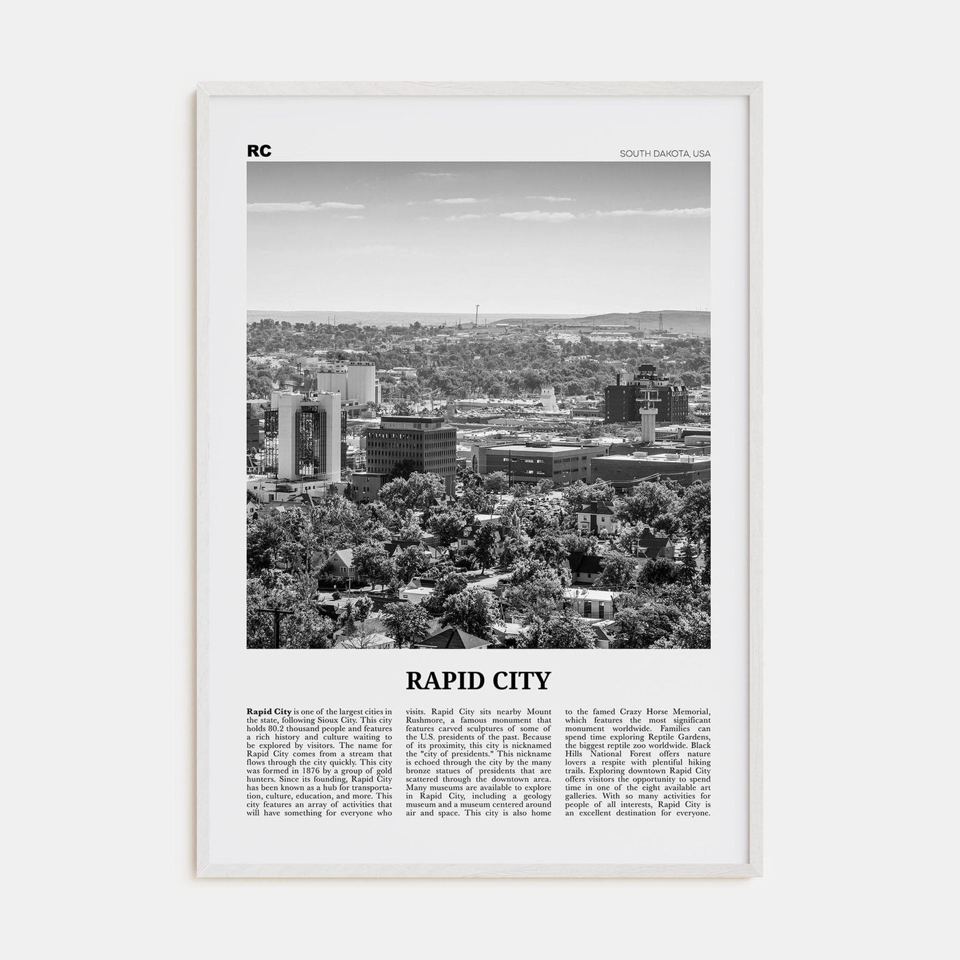 Rapid City Poster White Wood / 8x12 in Nbourhood Travel B&W Poster