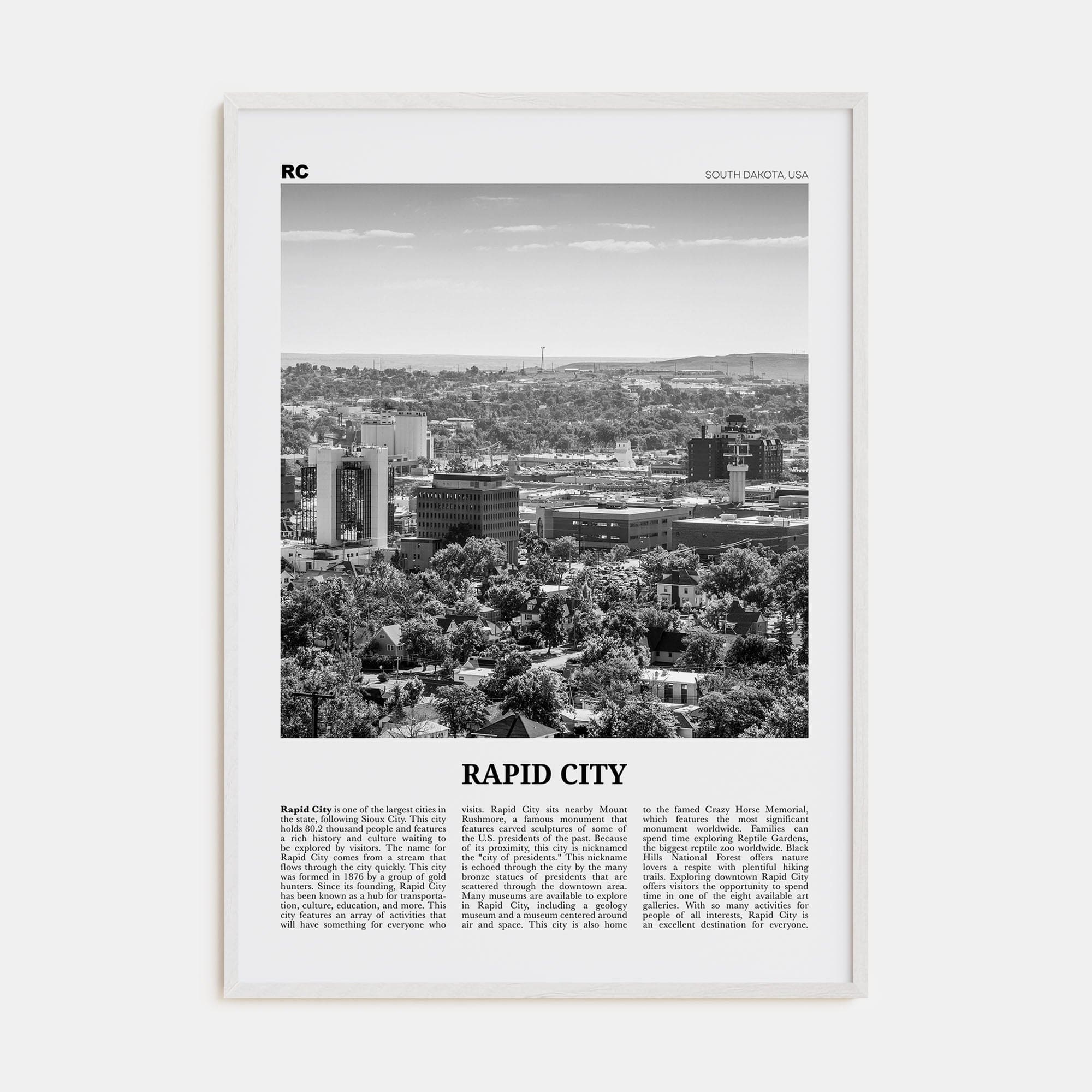 Rapid City Poster White Wood / 8x12 in Nbourhood Travel B&W Poster