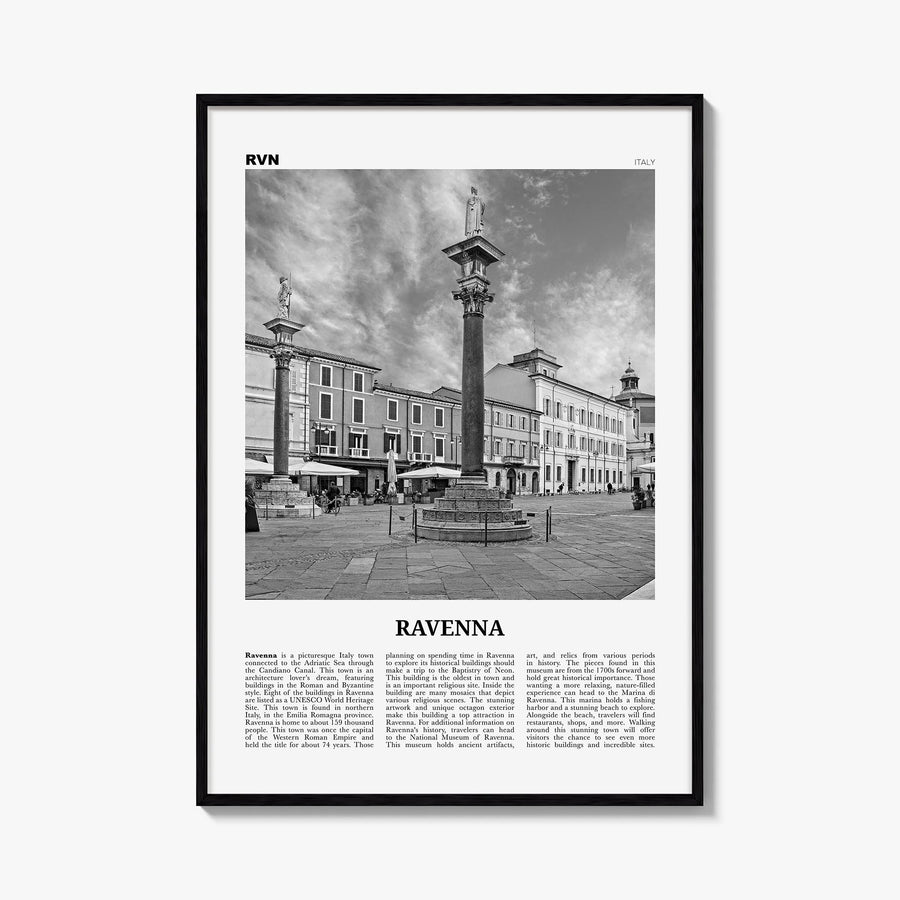Ravenna black & white newspaper poster of Italy – vertical wall art, unframed print shown in interior mockup