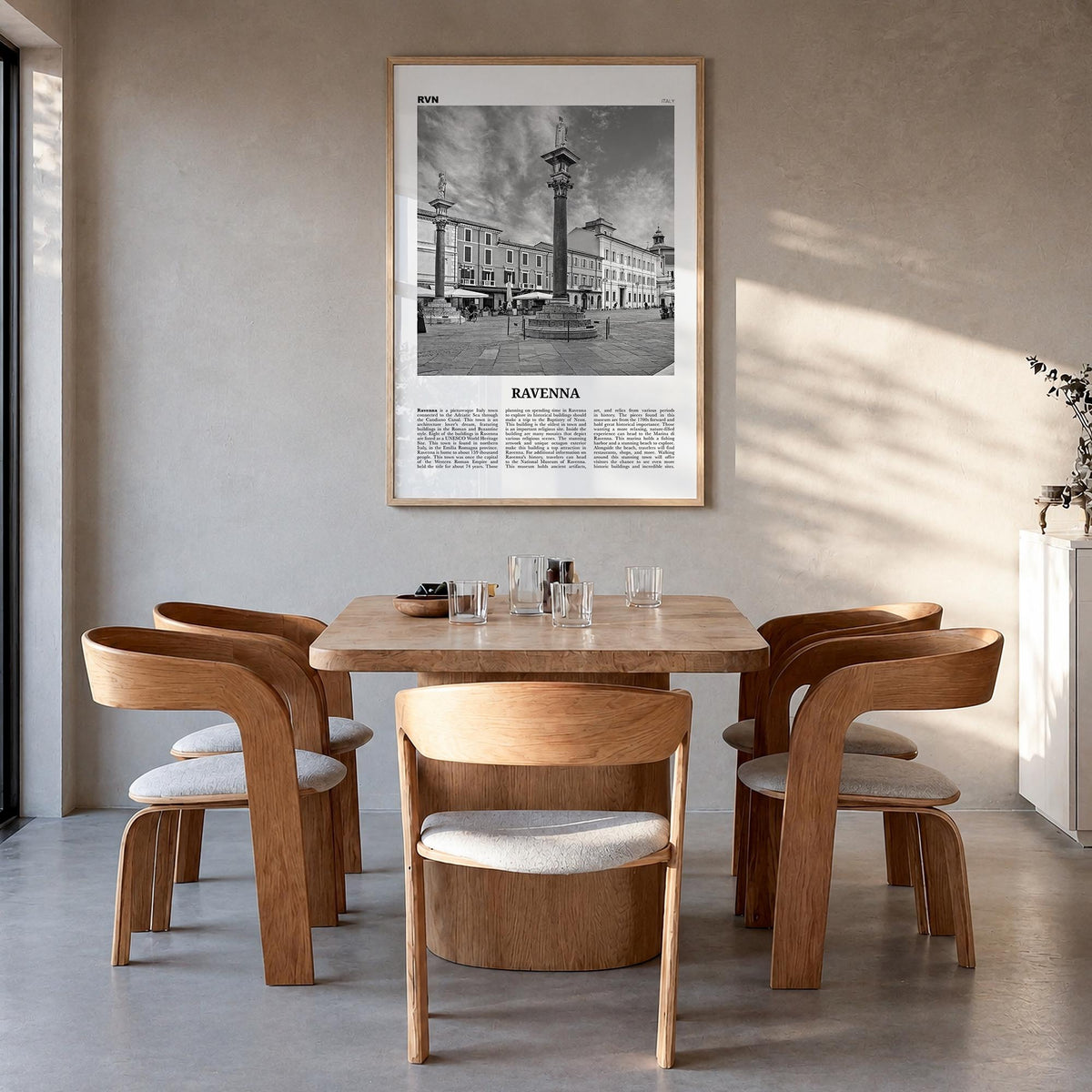 Ravenna black & white newspaper poster of Italy – vertical wall art in natural wood frame, hanging on wall