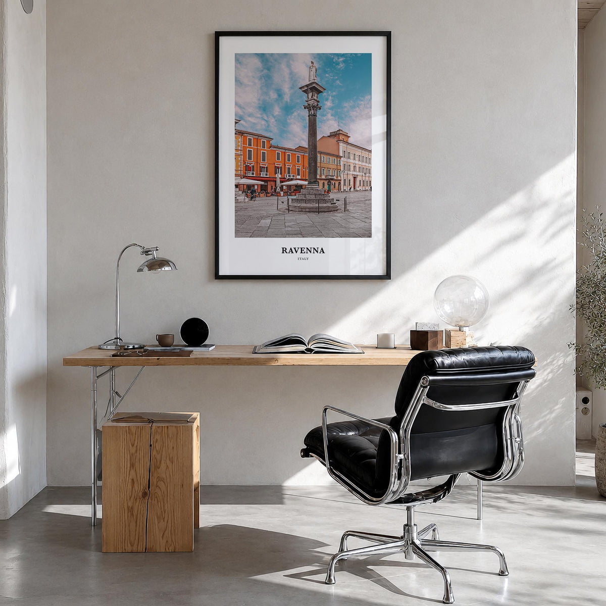 Ravenna colorful classic poster of Italy – vertical wall art in black wood frame, hanging on wall