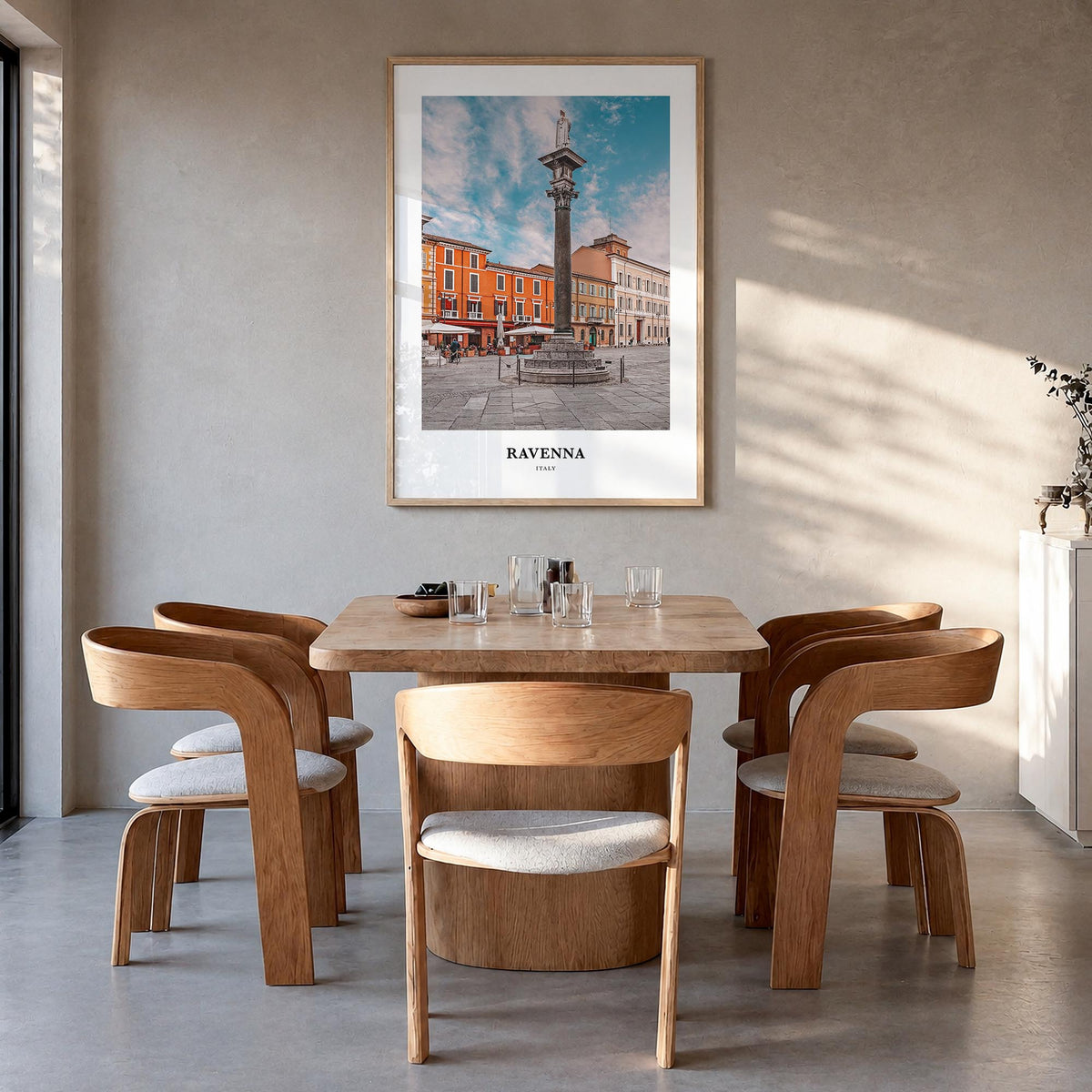 Ravenna colorful classic poster of Italy – vertical wall art in natural wood frame, hanging on wall