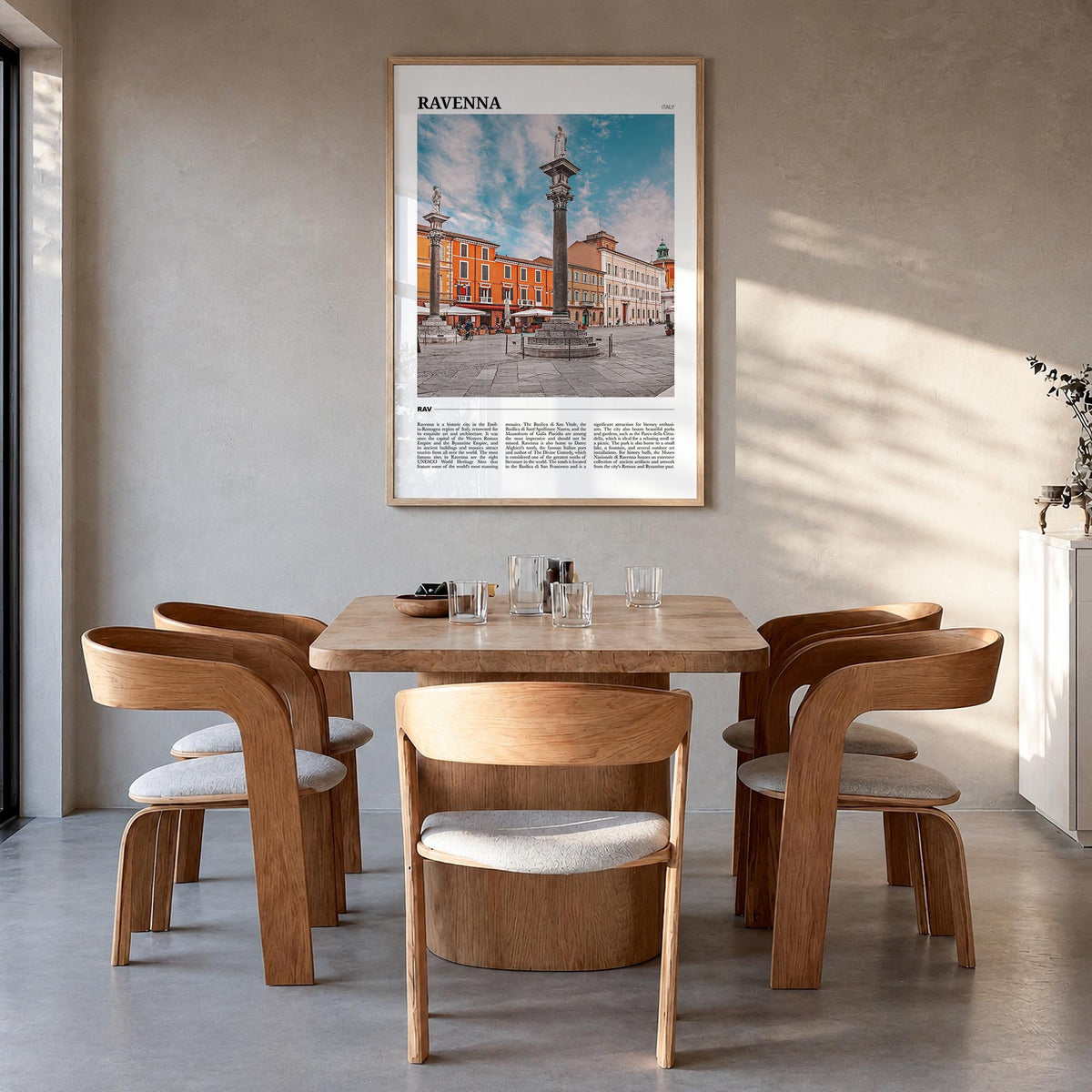 Ravenna colorful travel poster of Italy – vertical wall art in natural wood frame, hanging on wall