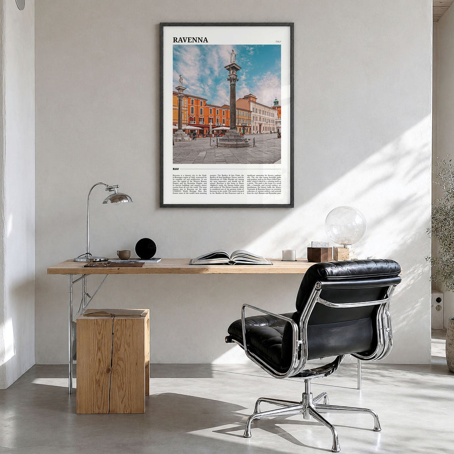 Ravenna Travel Poster in a black wood frame, hanging in a bright home office