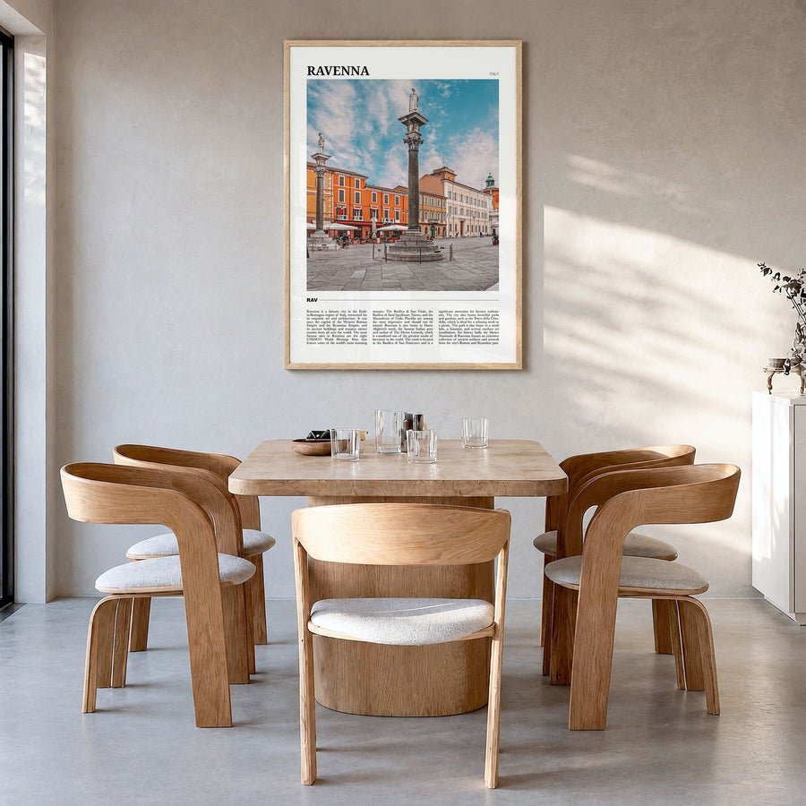 Ravenna Travel Poster in a natural wood frame, hanging in a dining room