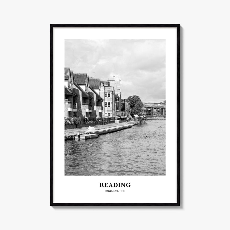 Reading, England black & white classic poster of United Kingdom – vertical wall art, unframed print shown in interior mockup