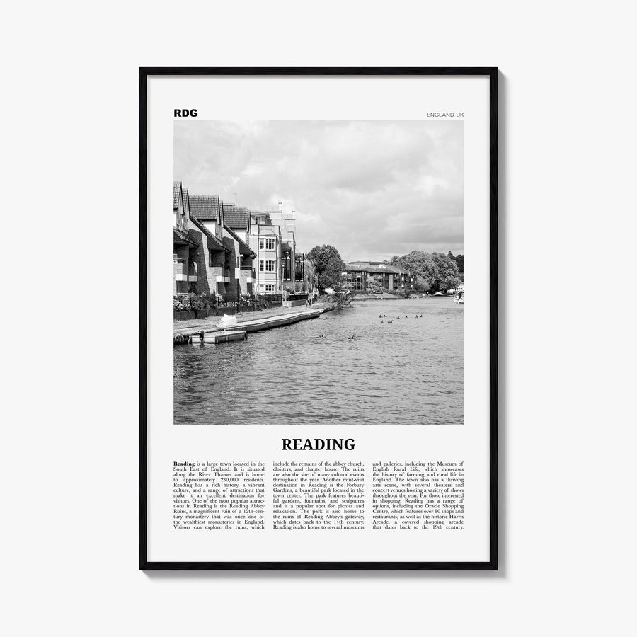 Reading, England black & white newspaper poster of United Kingdom – vertical wall art, unframed print shown in interior mocku
