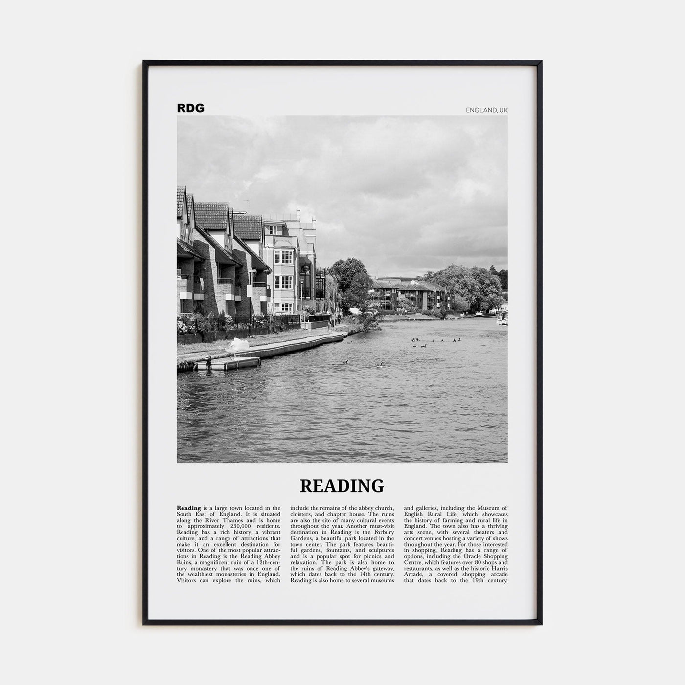 Reading, England Poster Black Metal / 8x12 in Nbourhood Travel B&W Poster