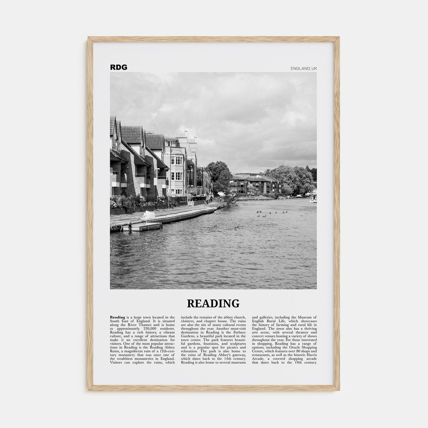 Reading, England Poster Natural Wood / 8x12 in Nbourhood Travel B&W Poster