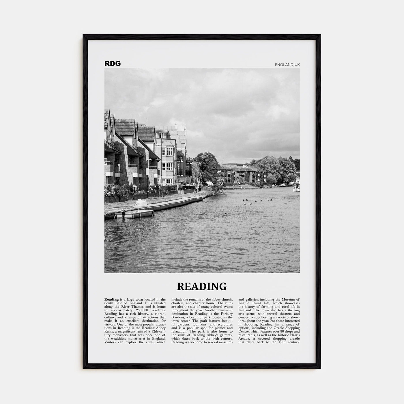 Reading, England Poster Black Wood / 8x12 in Nbourhood Travel B&W Poster