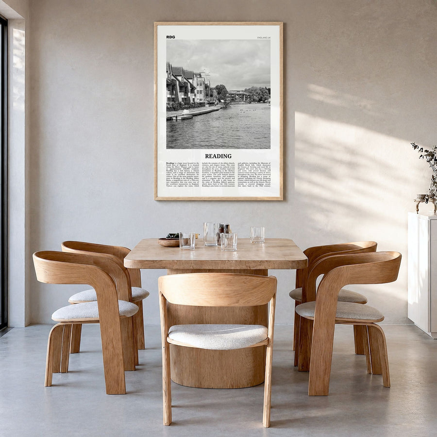 Reading, England Newspaper Poster in a natural wood frame, hanging in a dining room
