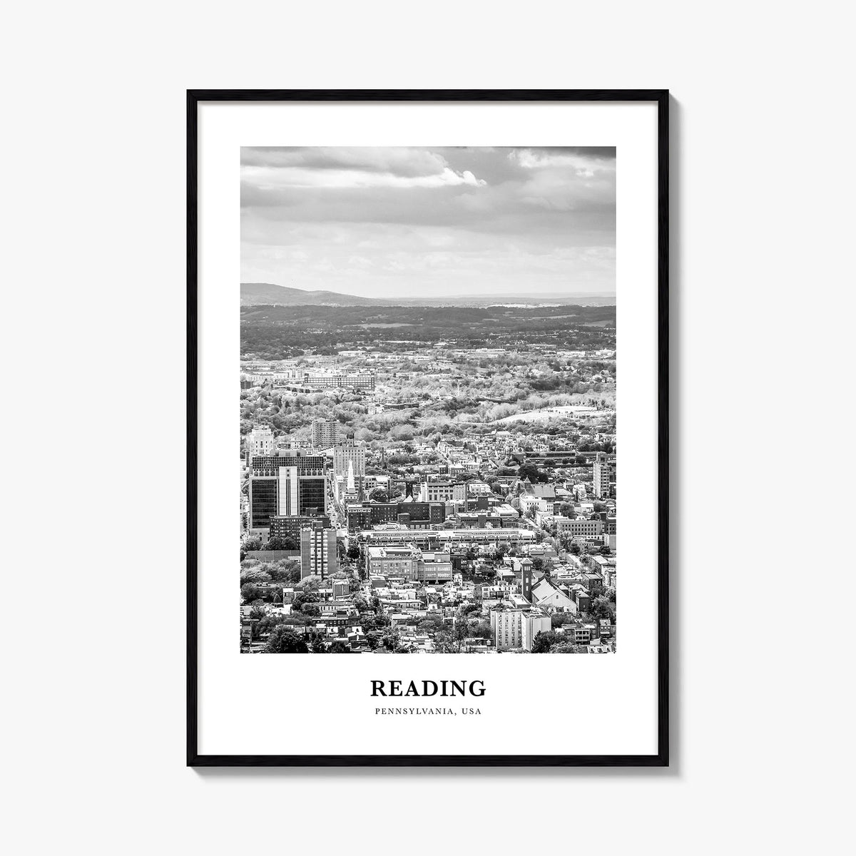 Reading, Pennsylvania black & white classic poster of Pennsylvania, USA – vertical wall art, unframed print shown in interior