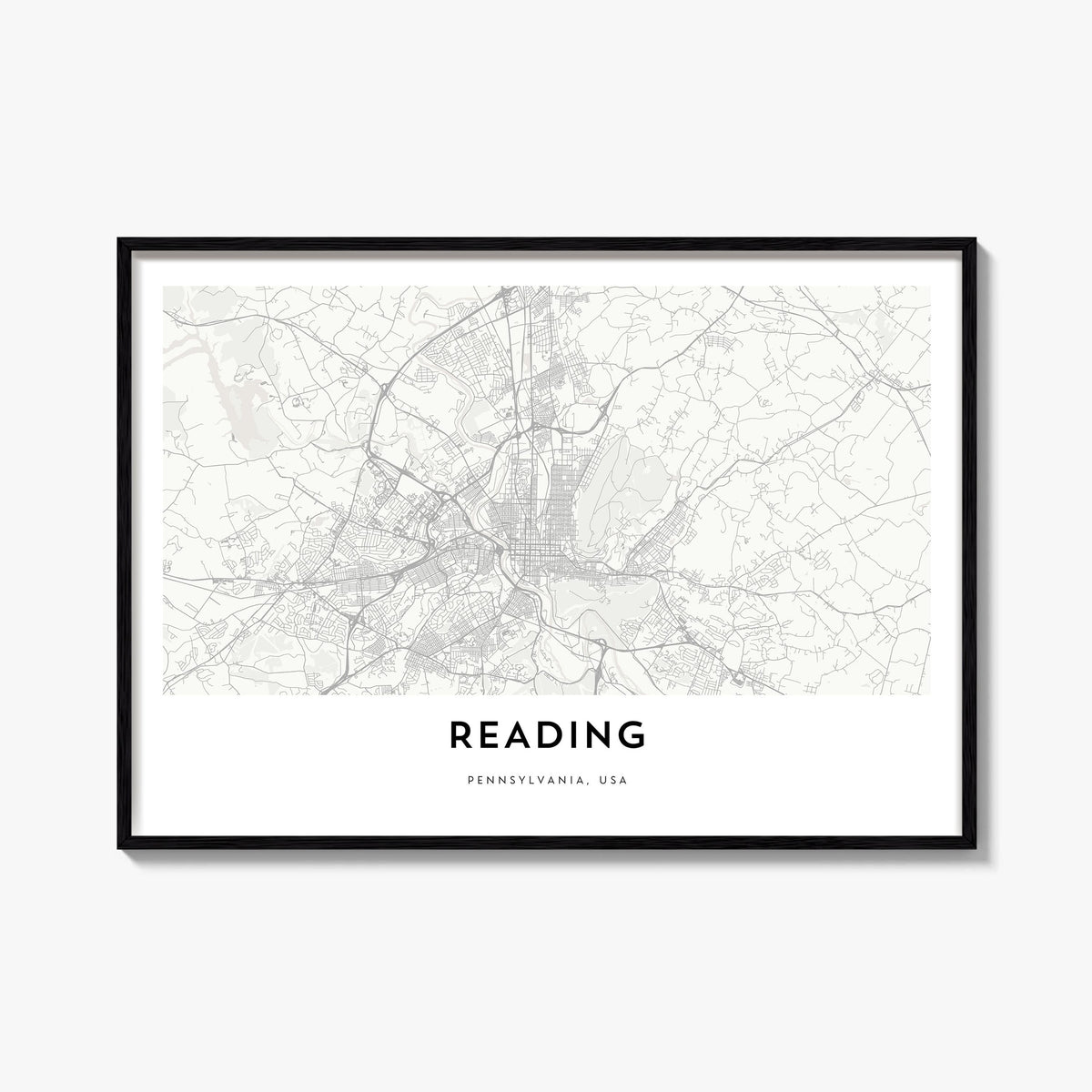 Reading, Pennsylvania black & white map poster of Pennsylvania, USA – horizontal wall art, unframed print shown in interior m