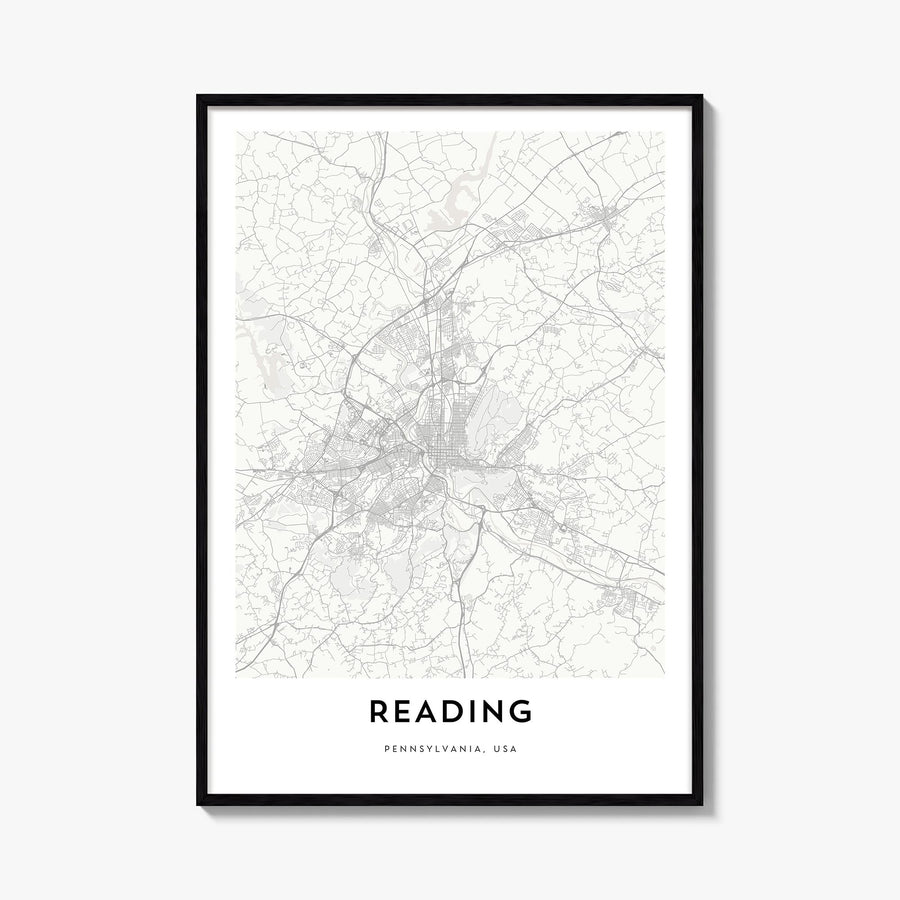 Reading, Pennsylvania black & white map poster of Pennsylvania, USA – vertical wall art, unframed print shown in interior moc