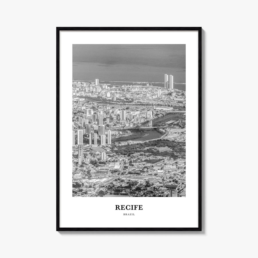 Recife black & white classic poster of Brazil – vertical wall art, unframed print shown in interior mockup