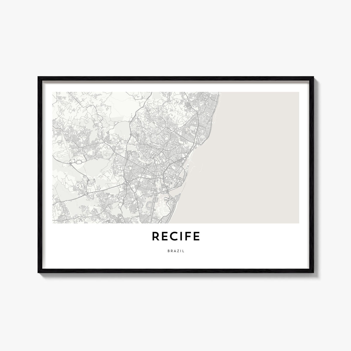 Recife black & white map poster of Brazil – horizontal wall art, unframed print shown in interior mockup