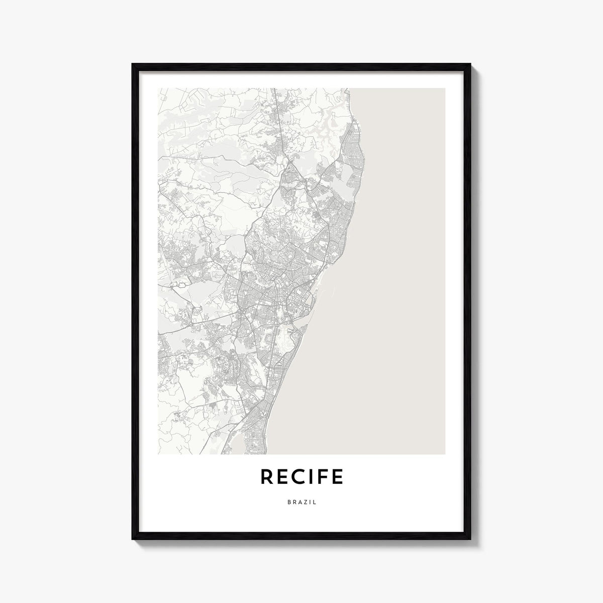 Recife black & white map poster of Brazil – vertical wall art, unframed print shown in interior mockup