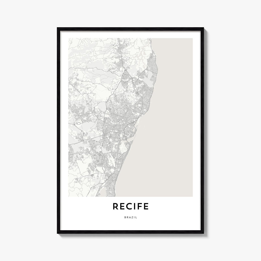 Recife black & white map poster of Brazil – vertical wall art, unframed print shown in interior mockup