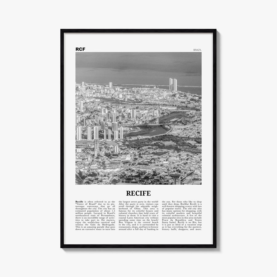Recife black & white newspaper poster of Brazil – vertical wall art, unframed print shown in interior mockup