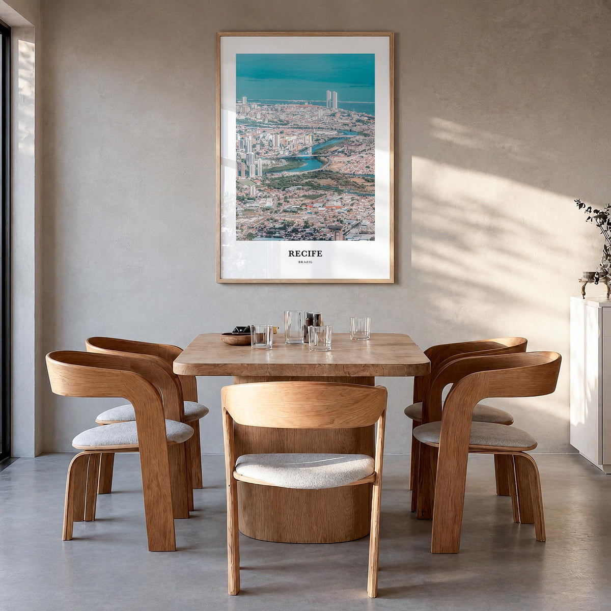 Recife colorful classic poster of Brazil – vertical wall art in natural wood frame, hanging on wall