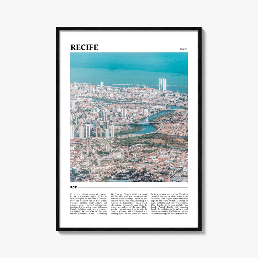 Recife colorful travel poster of Brazil – vertical wall art, unframed print shown in interior mockup