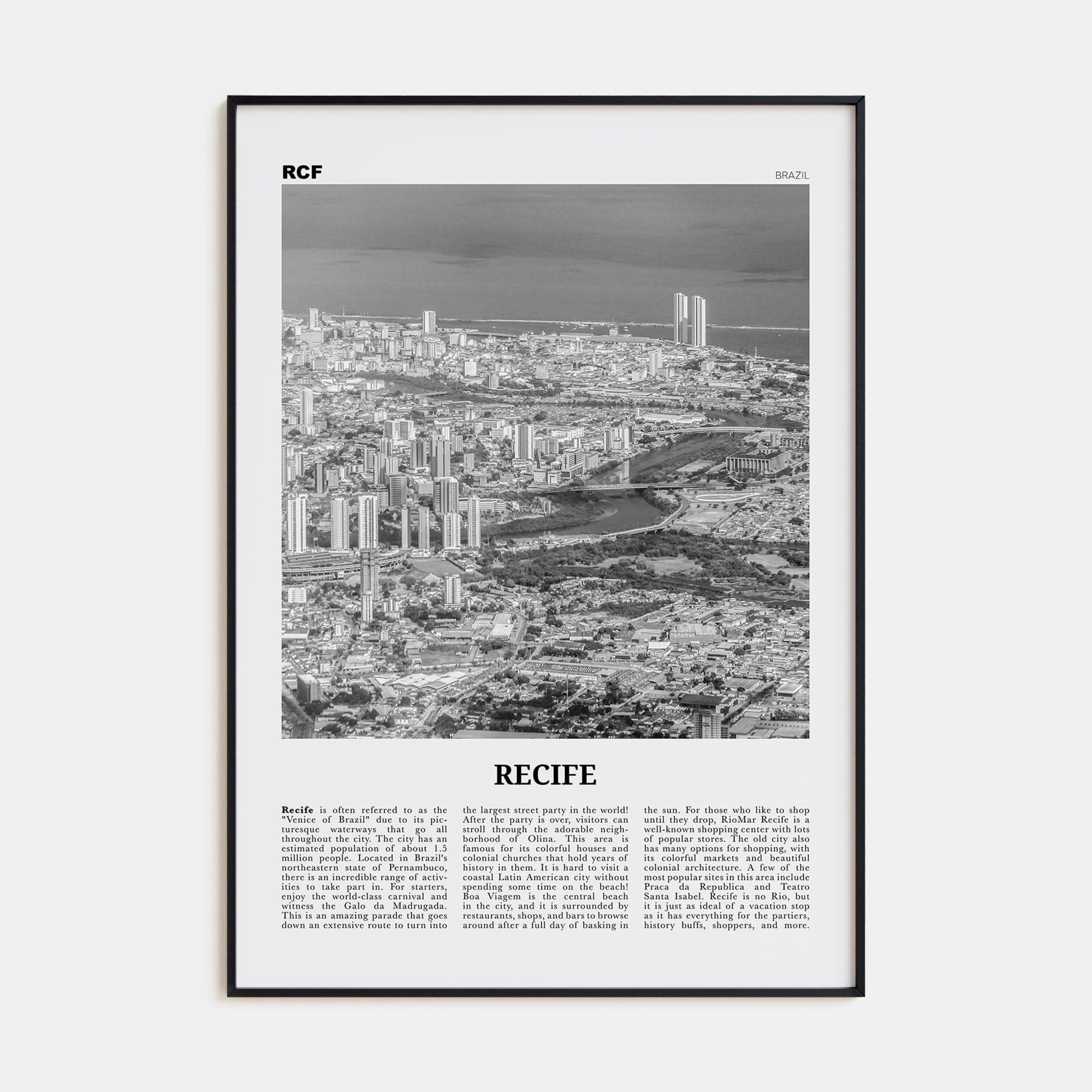 Recife Poster Black Metal / 8x12 in Nbourhood Travel B&W Poster