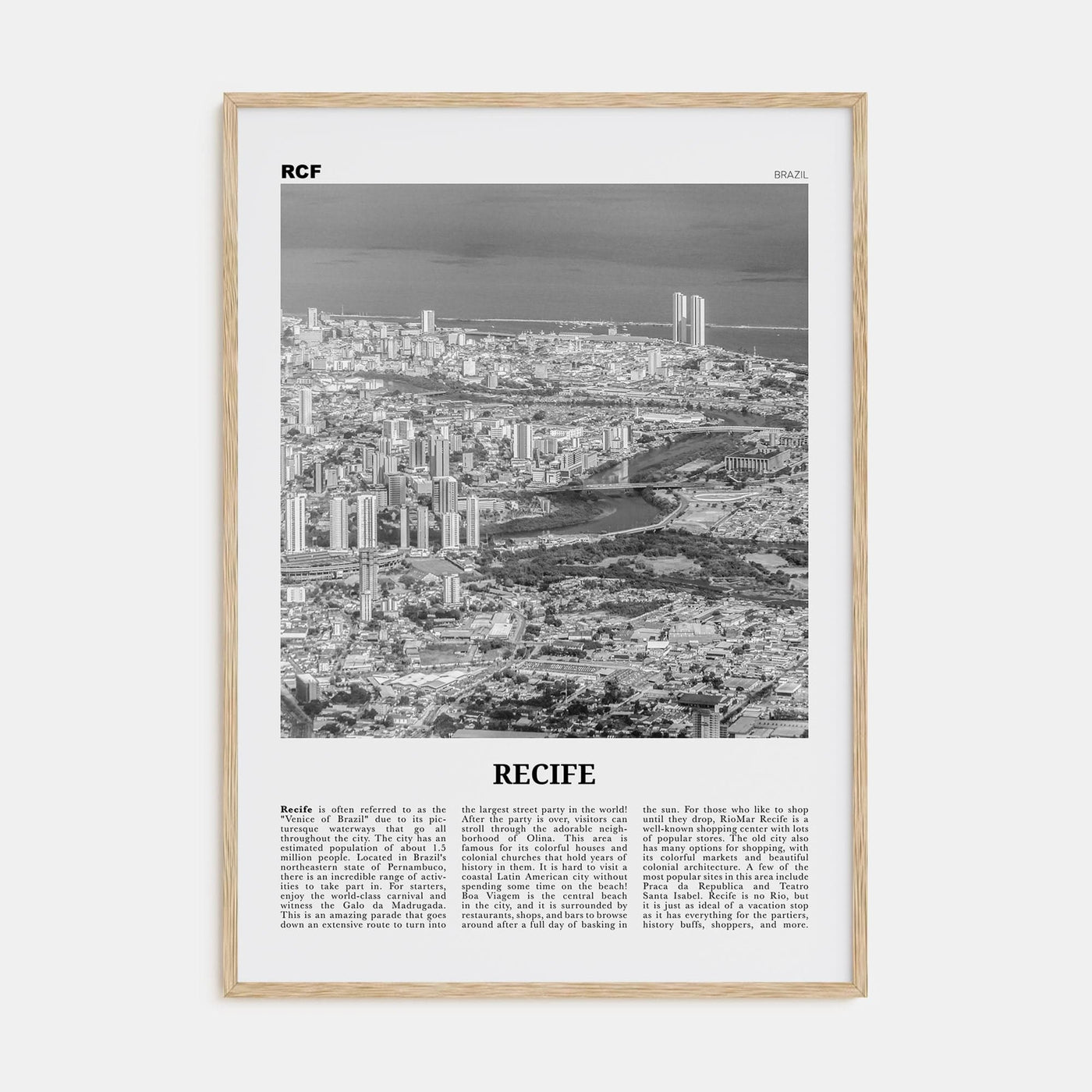 Recife Poster Natural Wood / 8x12 in Nbourhood Travel B&W Poster