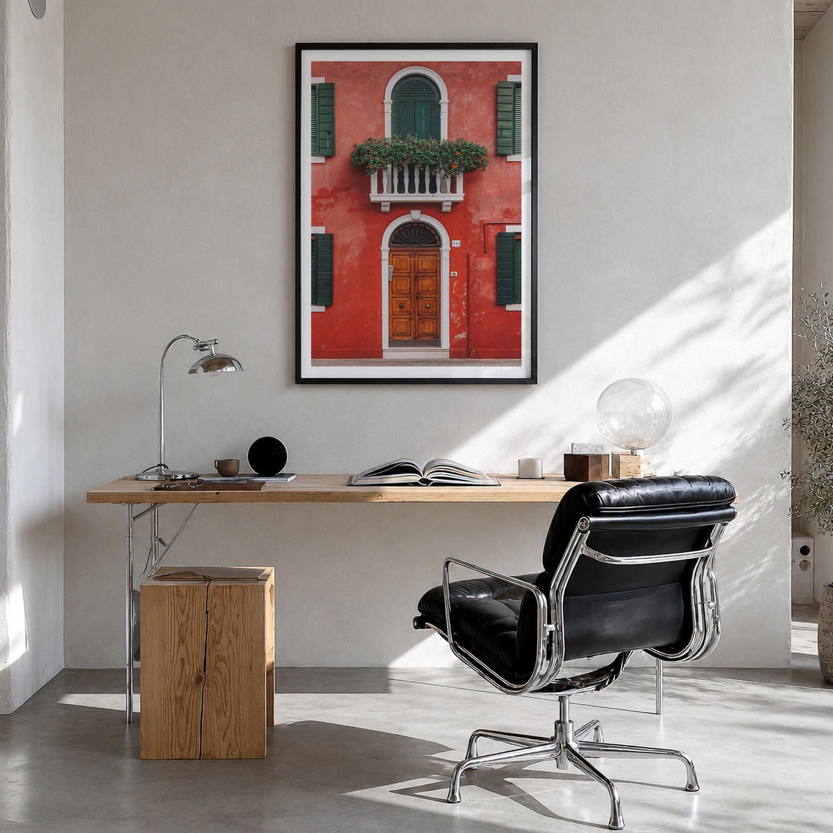 Red House colorful photo poster – vertical wall art in black wood frame with white border, hanging on wall