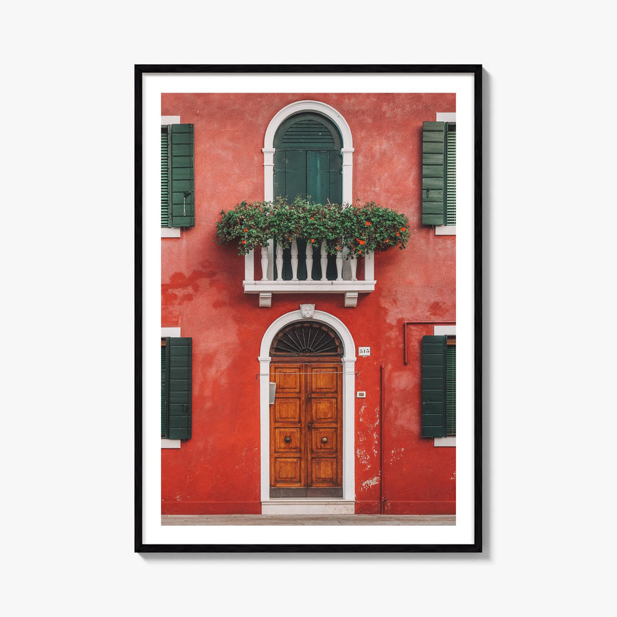 Red House colorful photo poster – vertical wall art, unframed print shown in interior mockup