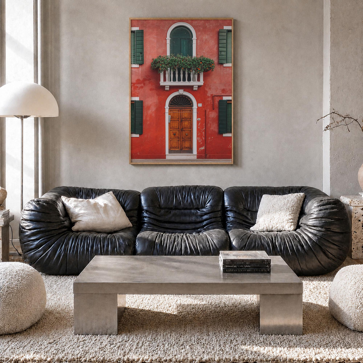 Red House colorful photo poster – vertical wall art in natural wood frame, hanging on wall