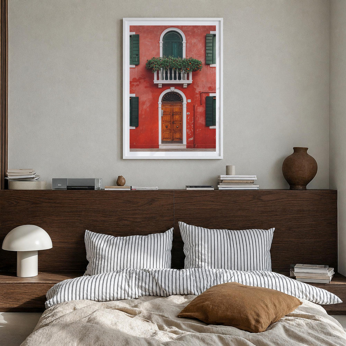 Red House colorful photo poster – vertical wall art in white wood frame with white border, hanging on wall