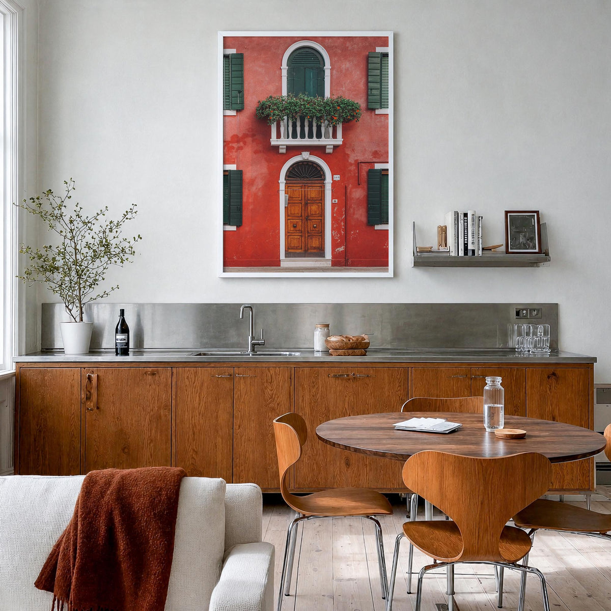 Red House colorful photo poster – vertical wall art in white wood frame, hanging on wall