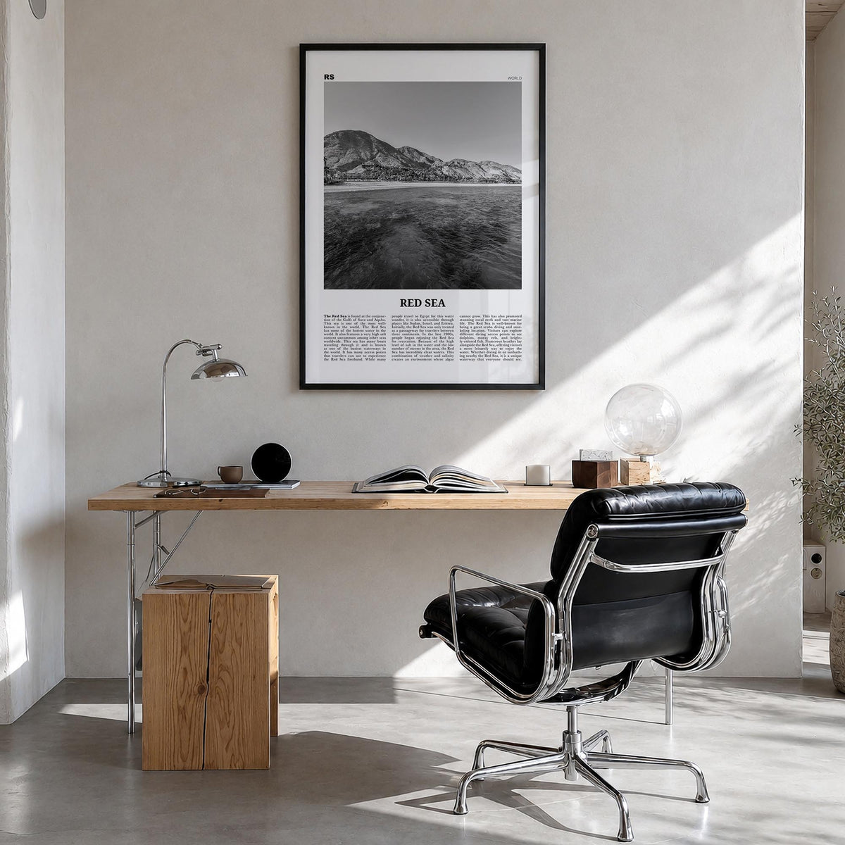 Red Sea black & white newspaper poster of Sudan – vertical wall art in black wood frame, hanging on wall