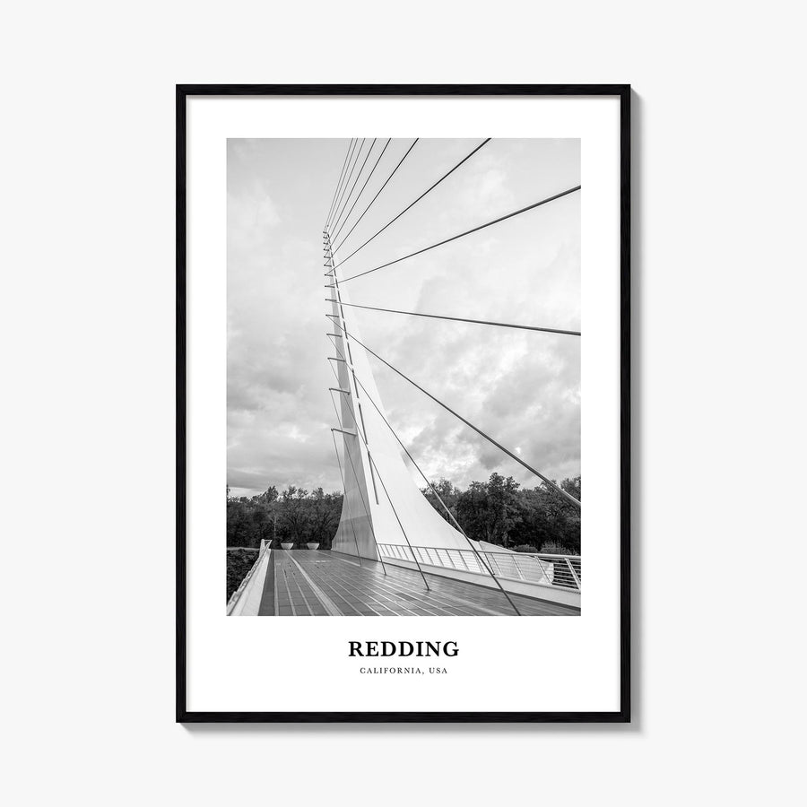 Redding black & white classic poster of California, USA – vertical wall art, unframed print shown in interior mockup