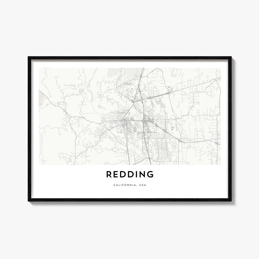 Redding black & white map poster of California, USA – horizontal wall art, unframed print shown in interior mockup