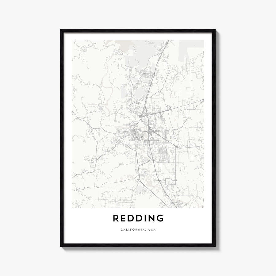 Redding black & white map poster of California, USA – vertical wall art, unframed print shown in interior mockup