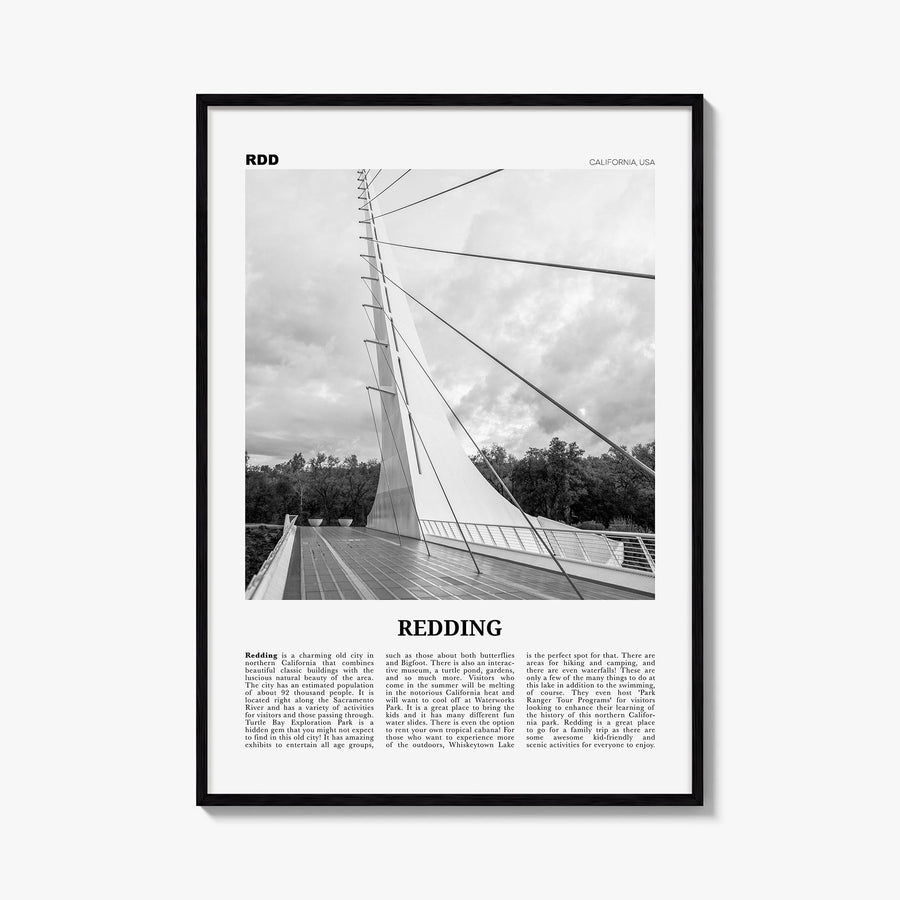 Redding black & white newspaper poster of California, USA – vertical wall art, unframed print shown in interior mockup