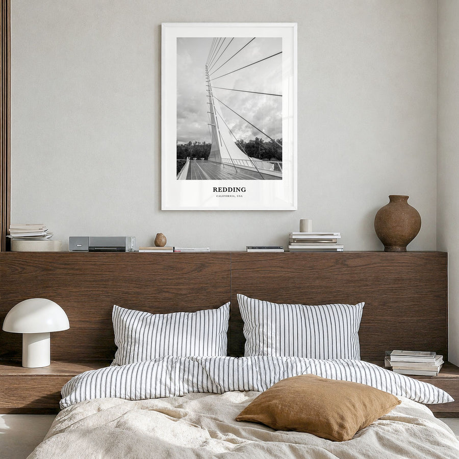 Redding Classic Poster in a white wood frame, hanging in a bedroom