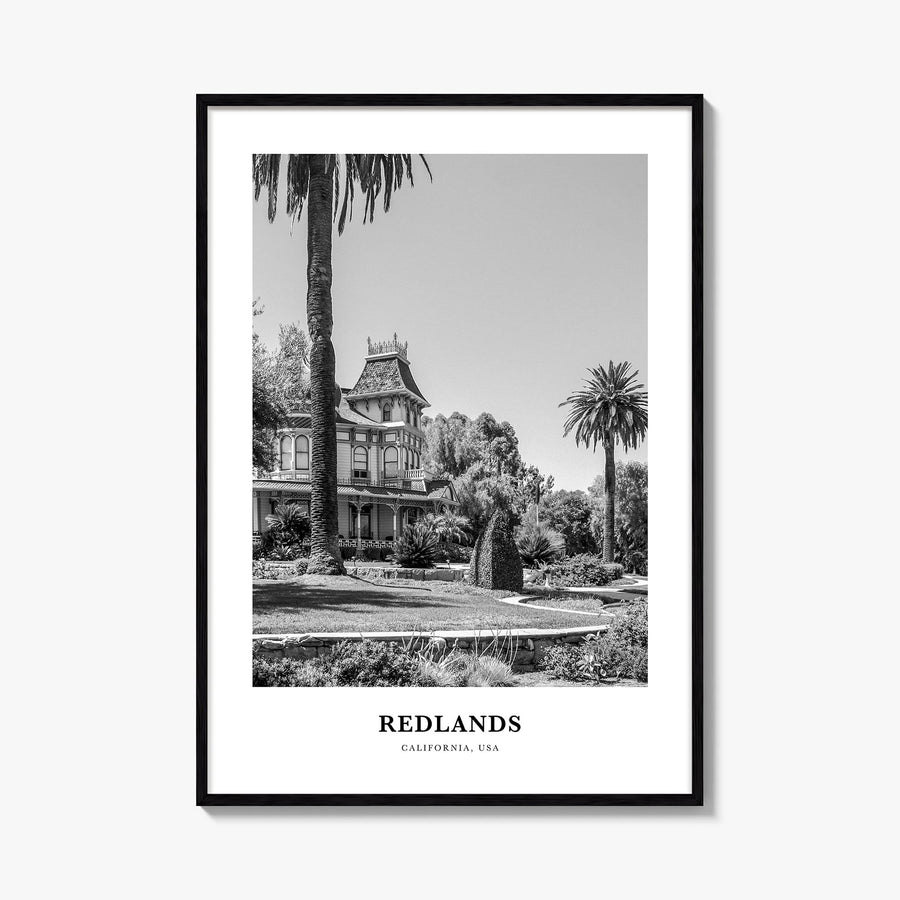 Redlands black & white classic poster of California, USA – vertical wall art, unframed print shown in interior mockup