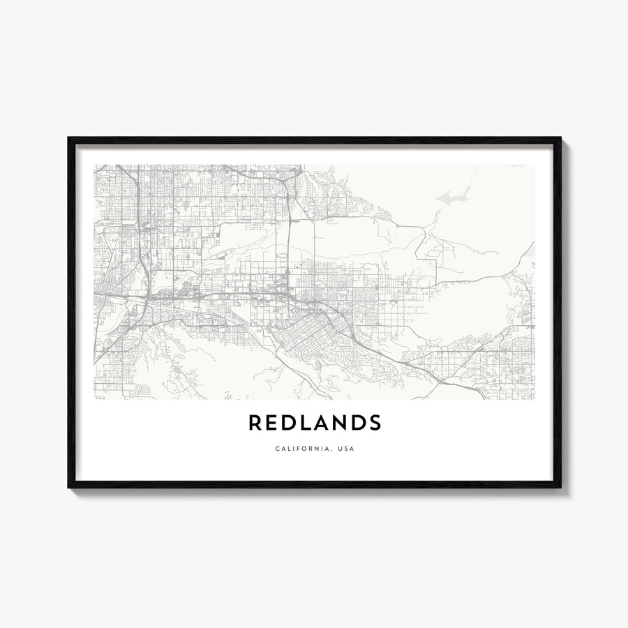 Redlands black & white map poster of California, USA – horizontal wall art, unframed print shown in interior mockup