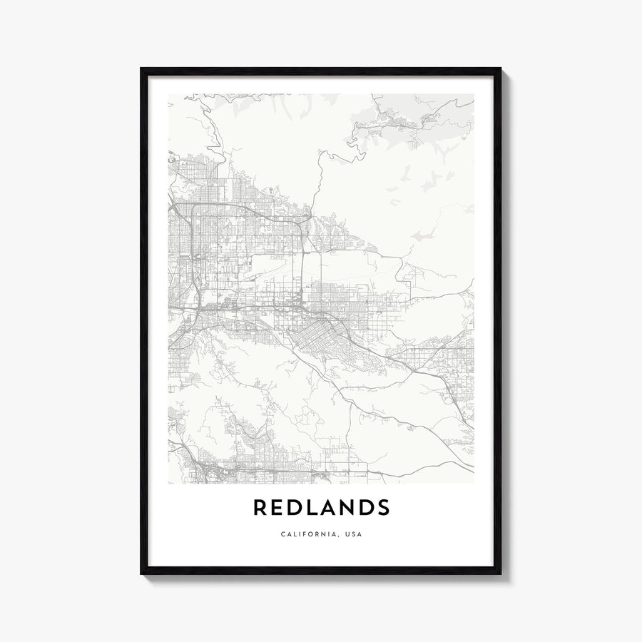 Redlands black & white map poster of California, USA – vertical wall art, unframed print shown in interior mockup