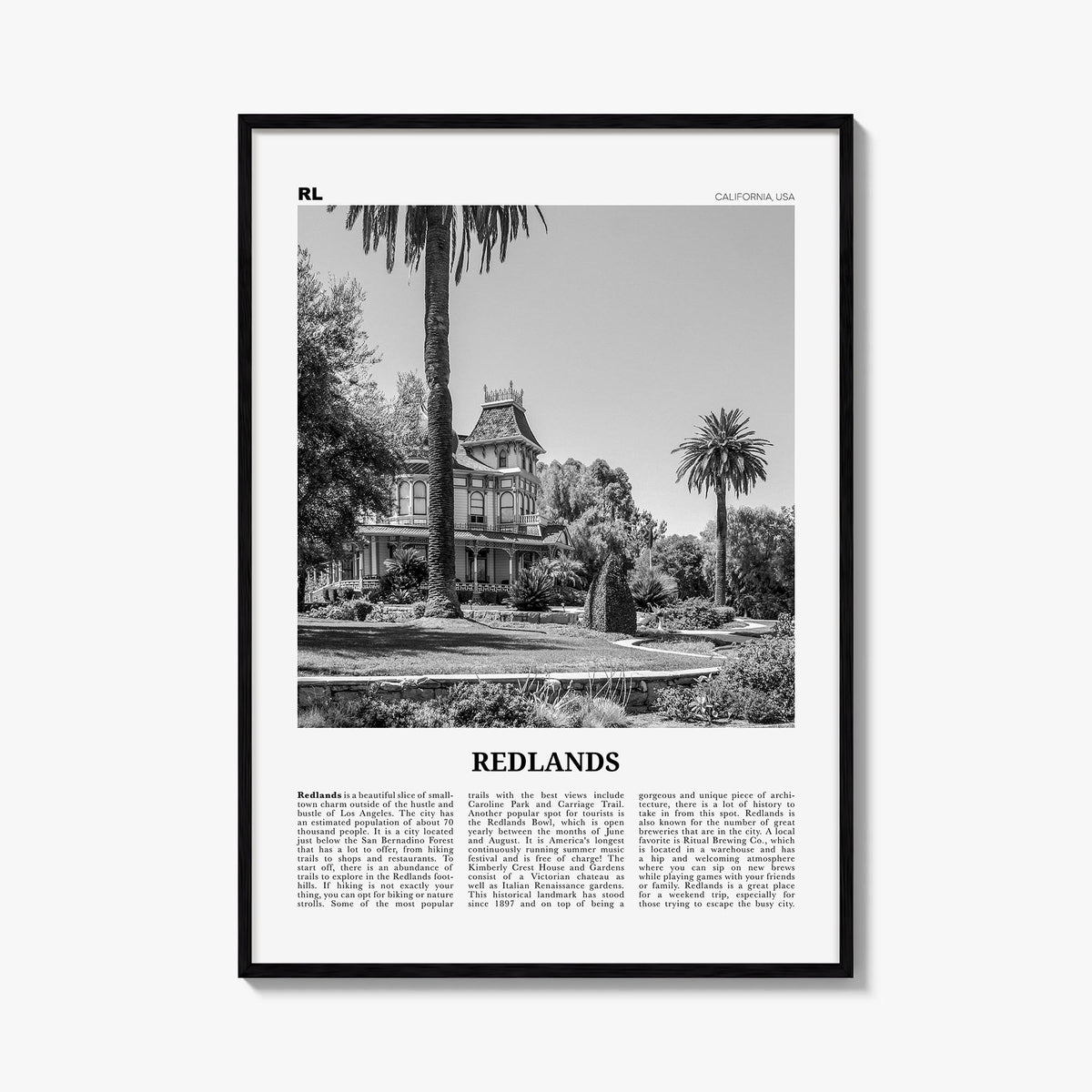 Redlands black & white newspaper poster of California, USA – vertical wall art, unframed print shown in interior mockup