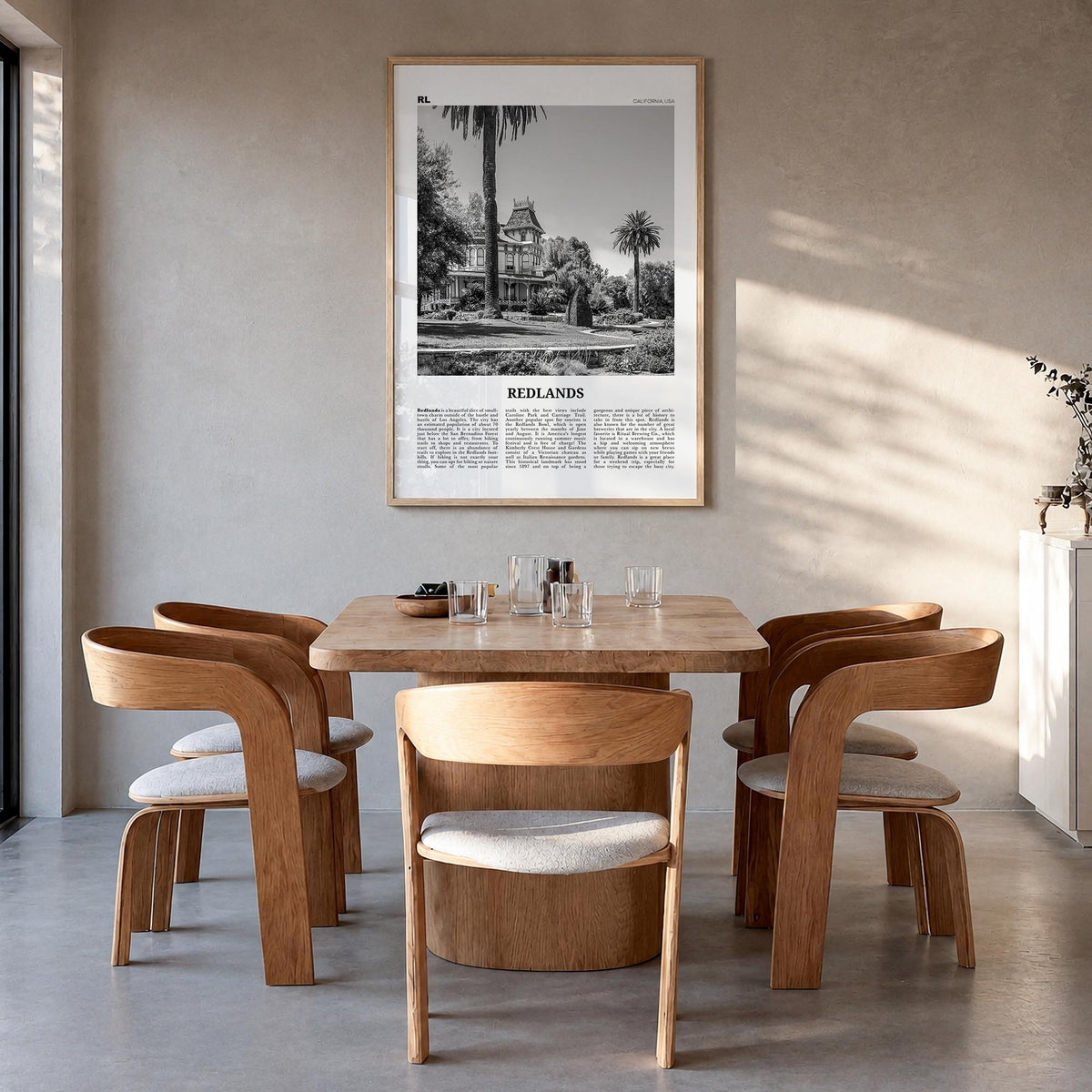 Redlands black & white newspaper poster of California, USA – vertical wall art in natural wood frame, hanging on wall