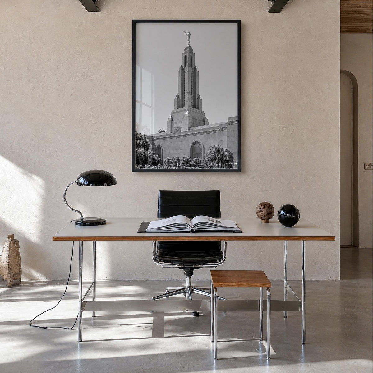 Redlands black & white photo poster of California, USA – vertical wall art in black wood frame, hanging on wall