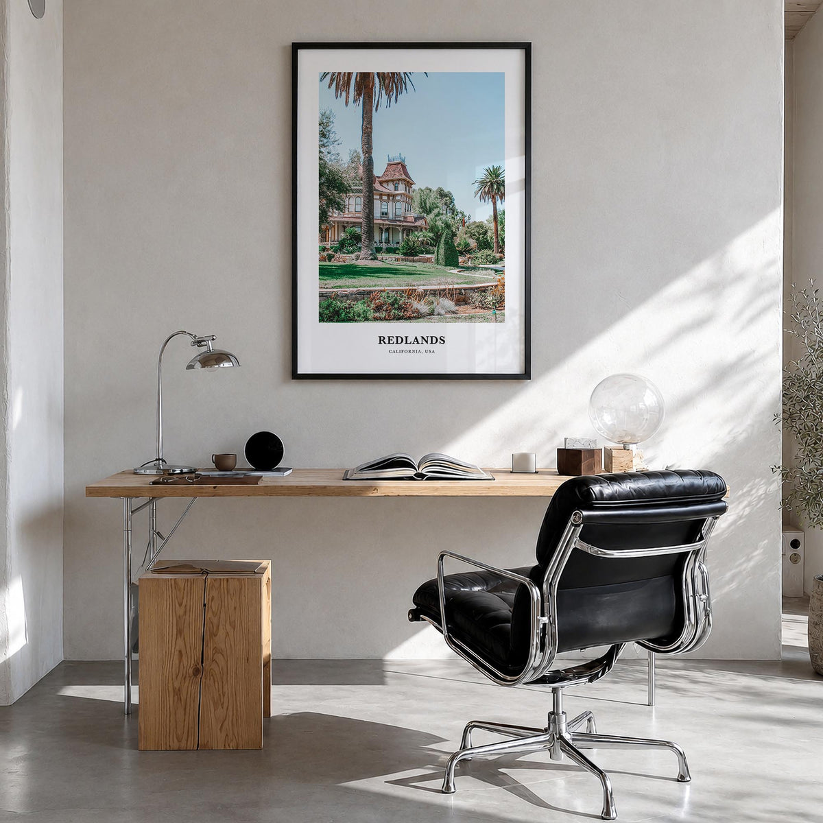 Redlands colorful classic poster of California, USA – vertical wall art in black wood frame, hanging on wall