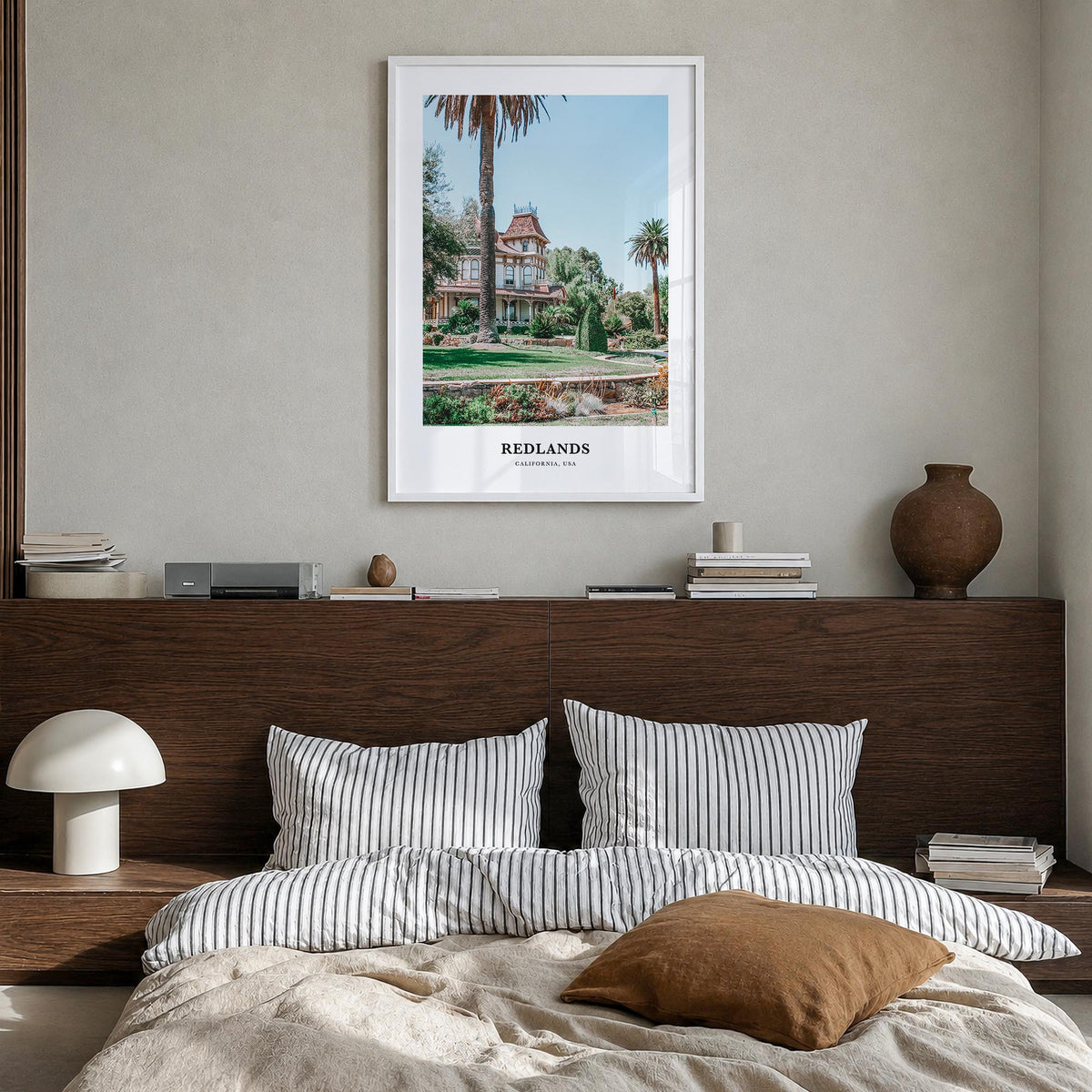 Redlands colorful classic poster of California, USA – vertical wall art in white wood frame, hanging on wall