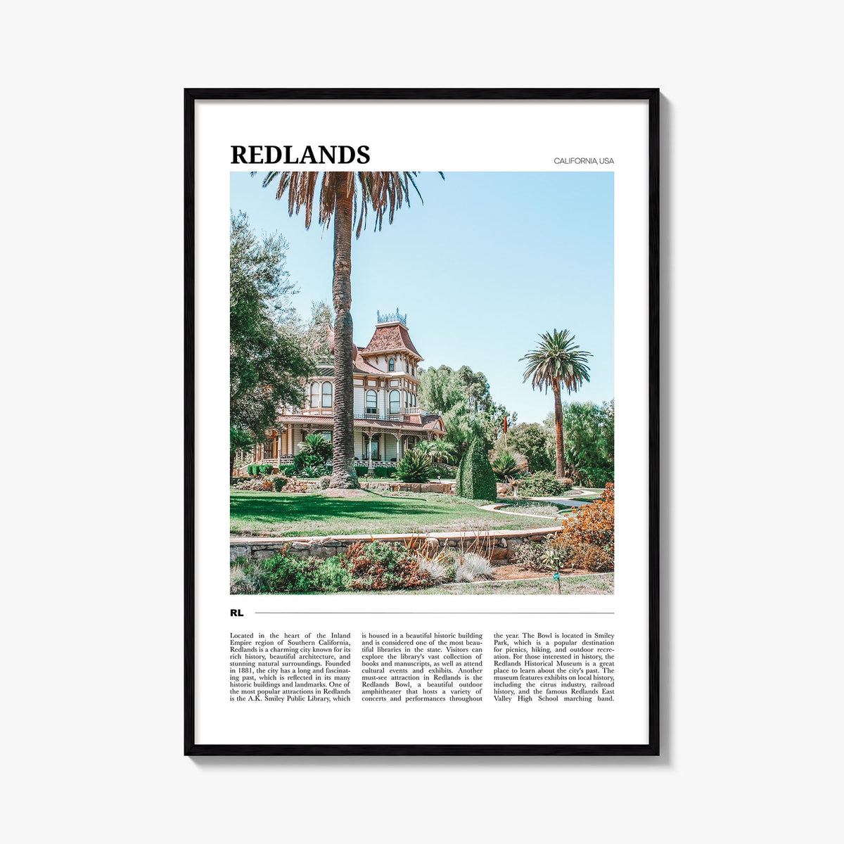 Redlands colorful travel poster of California, USA – vertical wall art, unframed print shown in interior mockup