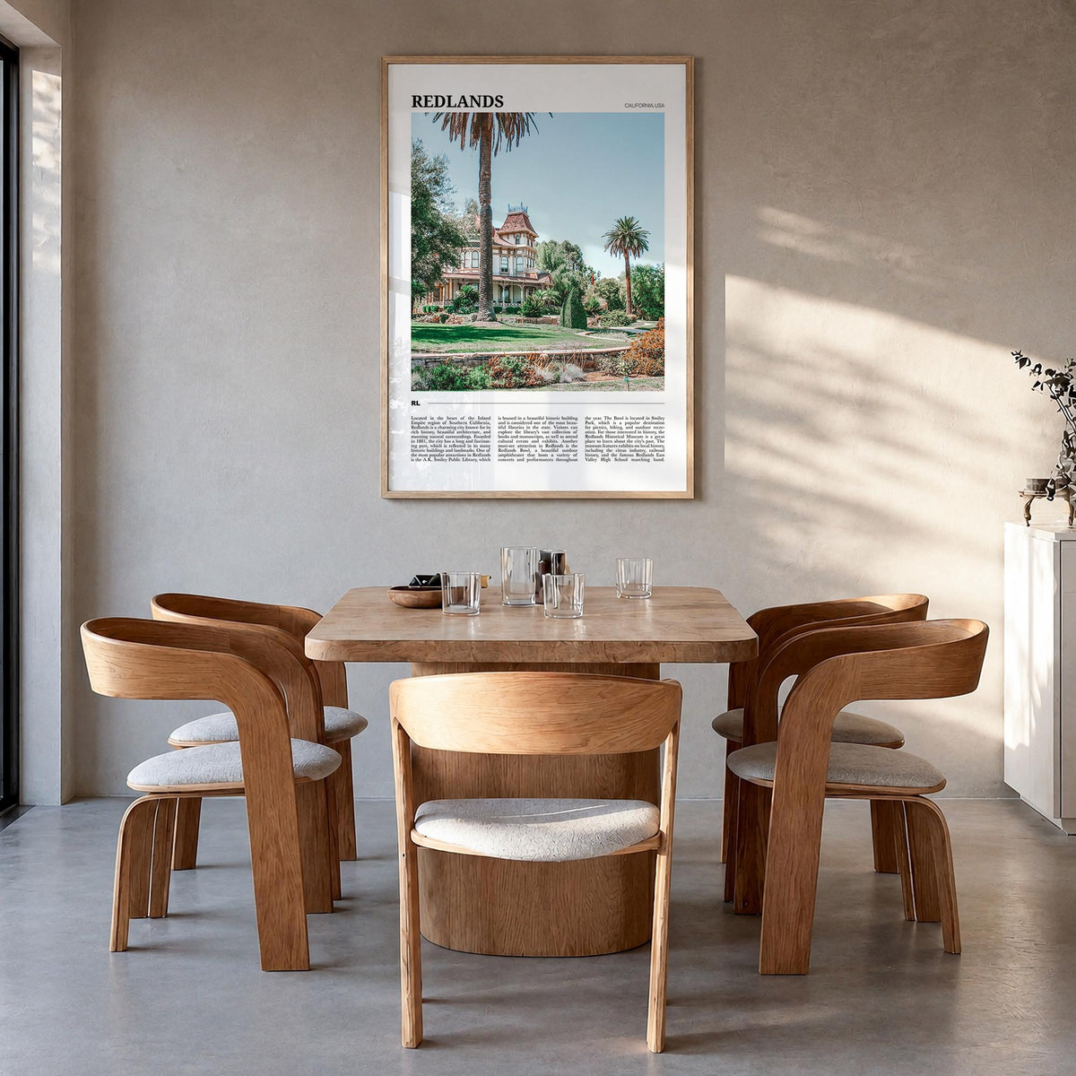 Redlands colorful travel poster of California, USA – vertical wall art in natural wood frame, hanging on wall