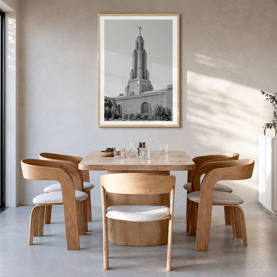 Redlands Photo Poster in a natural wood frame, hanging in a dining room, white border