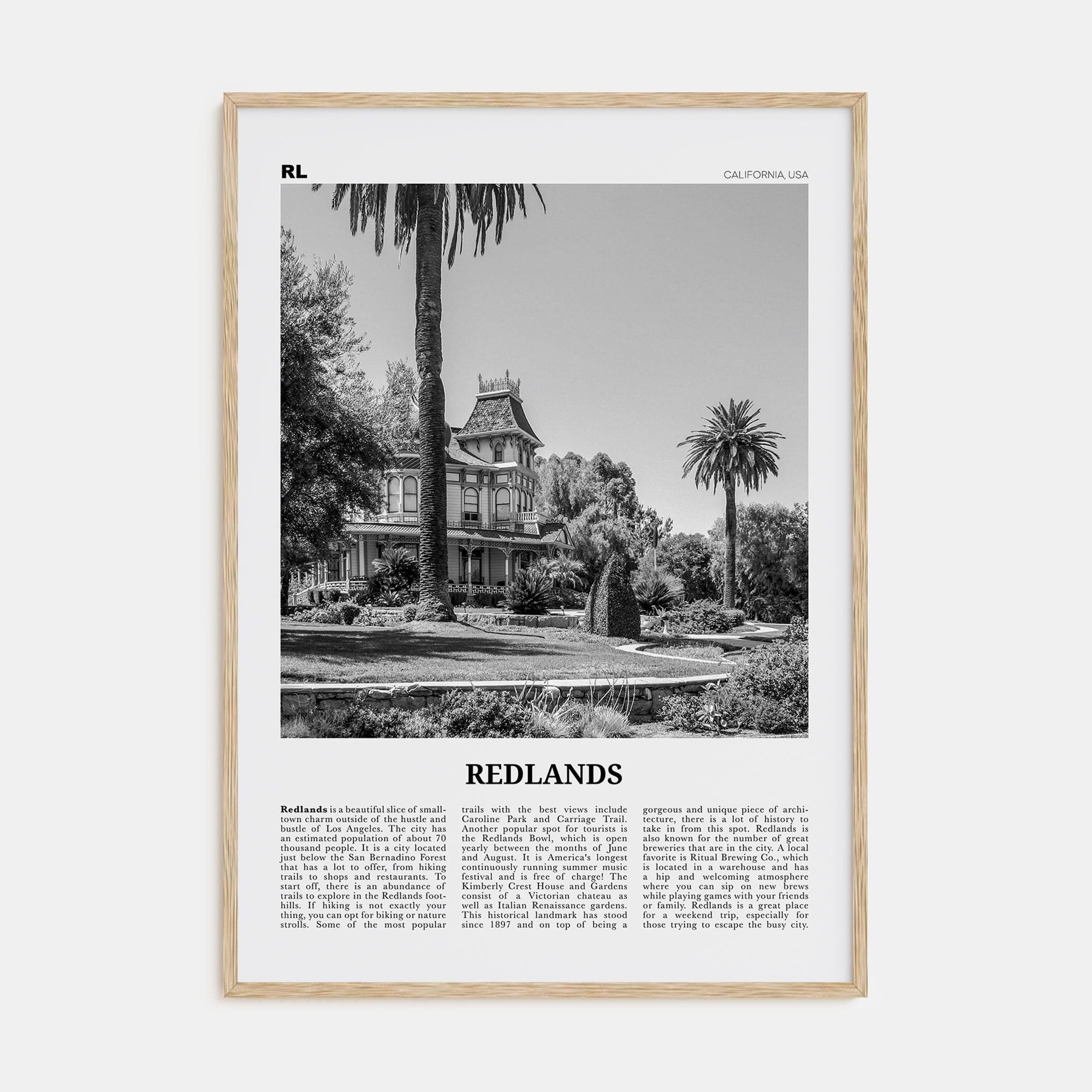 Redlands Poster Natural Wood / 8x12 in Nbourhood Travel B&W Poster